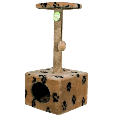 Когтеточка домик с полкой квадрат мех джут коричневый с игрушкой 35*35*77см/DONBARON